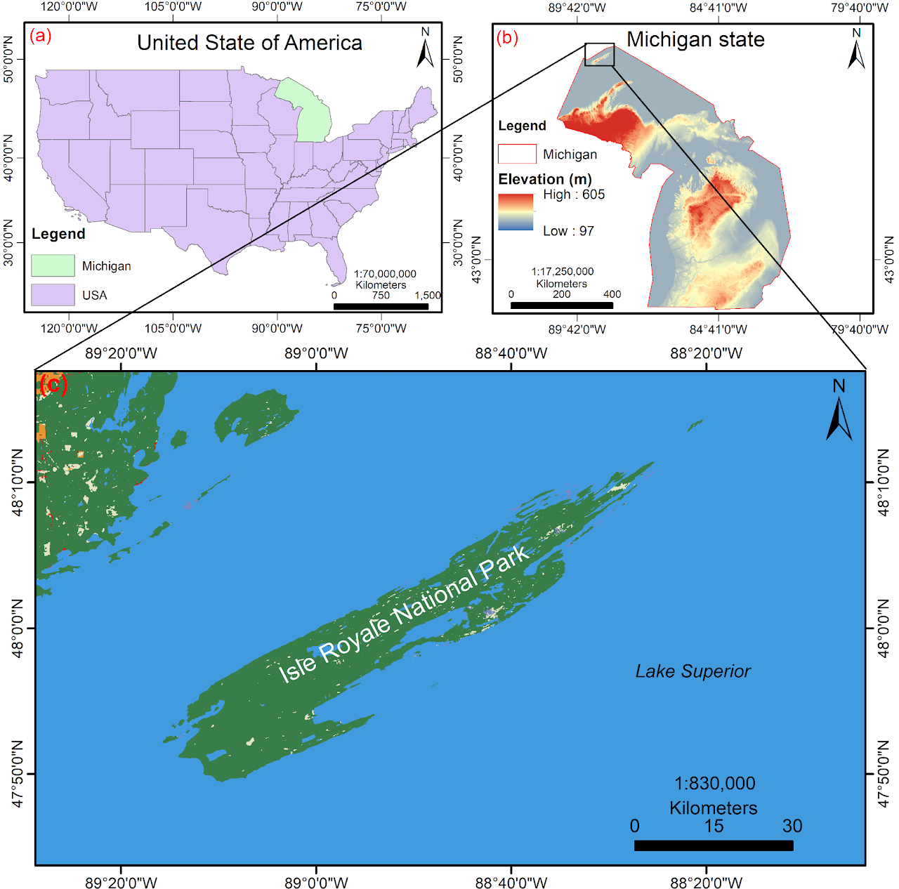 Maps locating Isle Royale National Park in Lake Superior, Michigan, USA