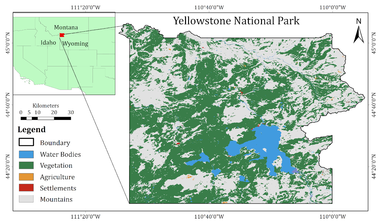 Map of Yellowstone National Park showing vegetation, water bodies and settlements